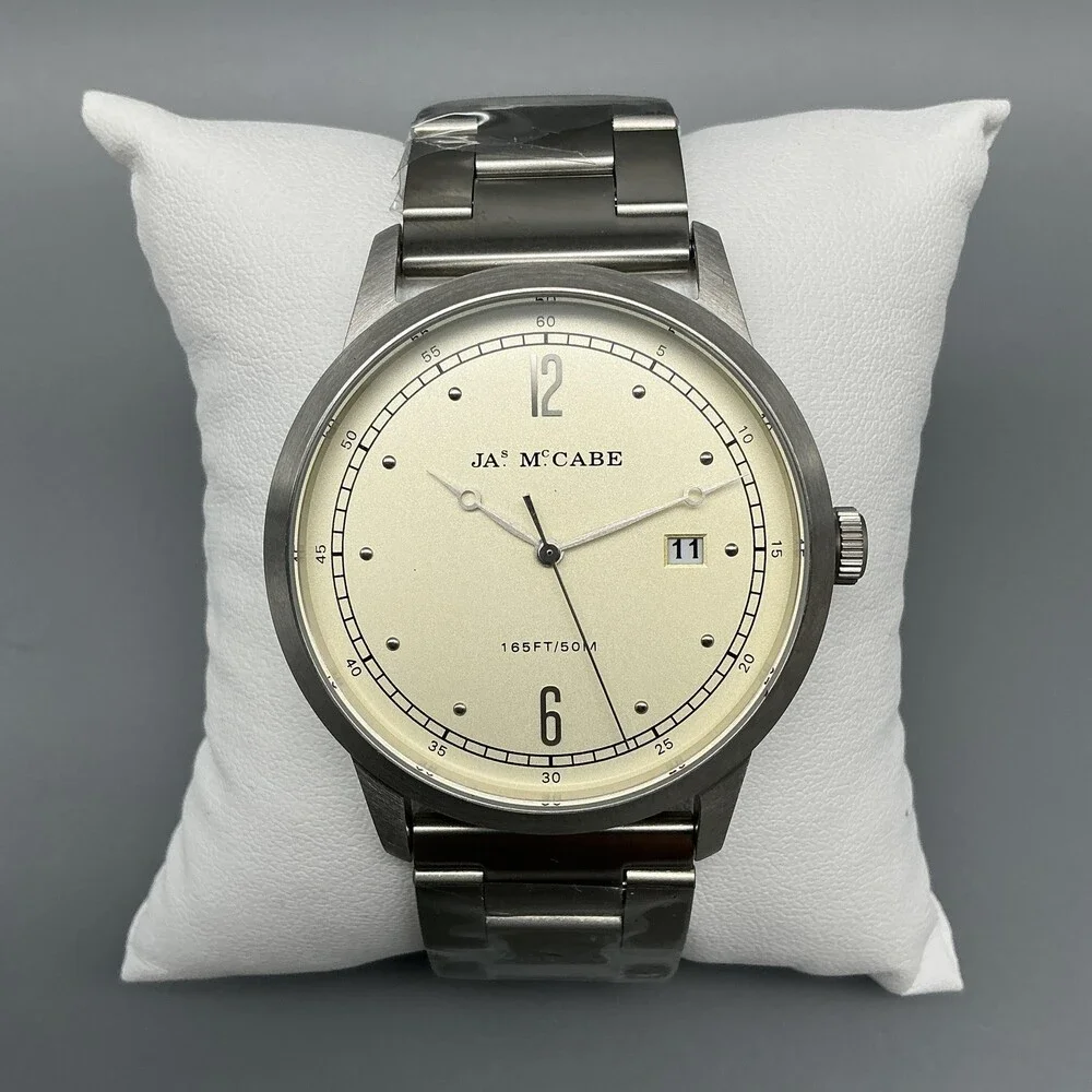 JAS McCabe JM-1034 Mens Watch 42mm Cream Dial Stainless Date New Battery 8.25